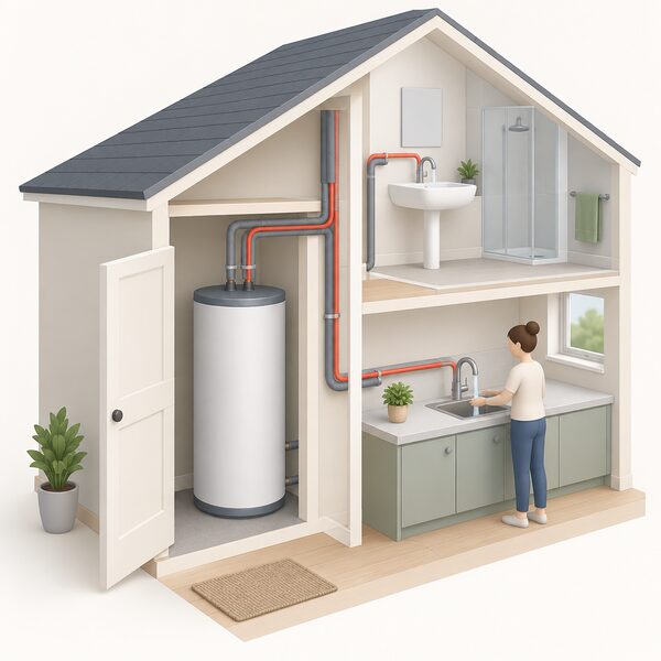A compact indoor heat battery cylinder standing in a utility cupboard of a small home, with insulated pipework running from it to hot water supply pipes serving the taps, shown as a simple domestic appliance installation.
