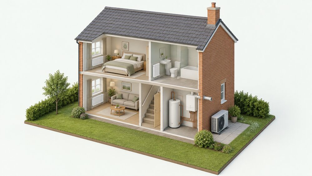 A cutaway of a small house showing an air source heat pump fan unit standing outside on the ground at the rear wall, a gas boiler indoors on an inside wall with its flue through the external wall, a hot water cylinder, and radiators on the walls of the rooms.