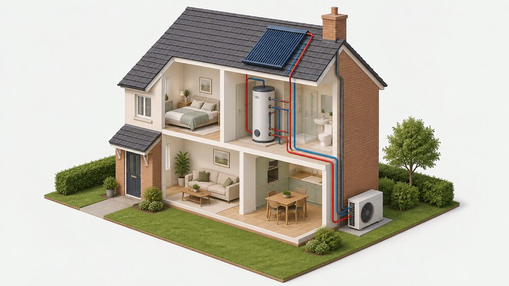 A cutaway UK house with a solar thermal panel on the roof, an air source heat pump unit standing outside on the ground at the rear wall, and a hot water cylinder with a thermal store inside the house, all connected by pipework.