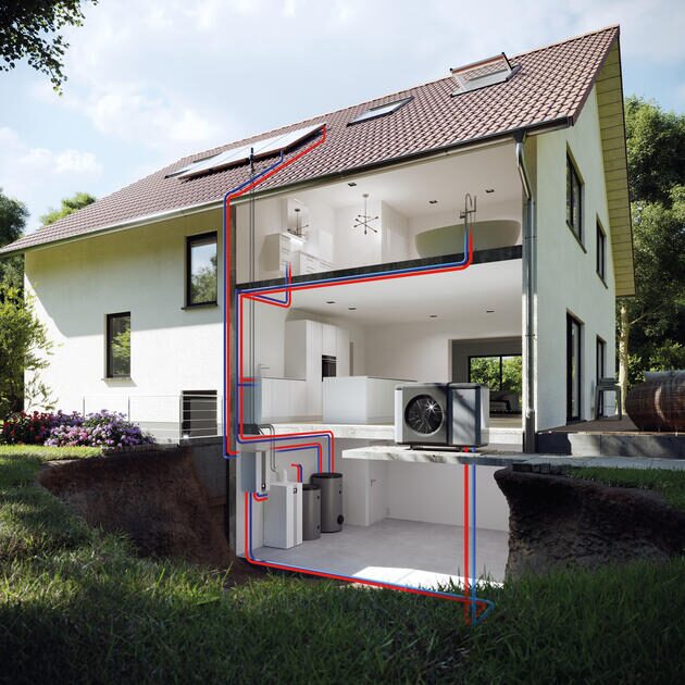 A cutaway illustration of a house showing a heat pump, hot water cylinder and heating pipework running through the floors, with solar thermal panels on the roof