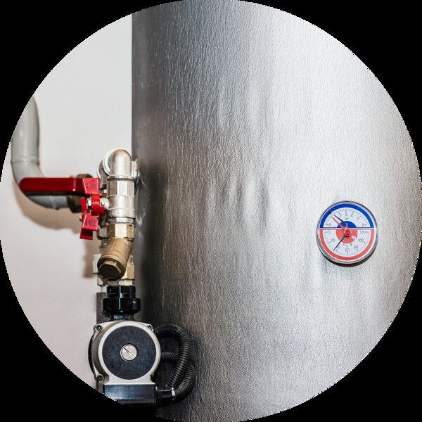 A stainless steel hot water cylinder with brass valves, a pump and a temperature gauge, shown in a circular crop