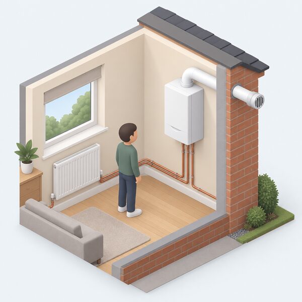 A cutaway view of a home corner showing a wall-mounted gas boiler indoors with its flue pipe passing through the outside wall, connected to radiators, representing the heating system a household would later replace with a low carbon alternative.