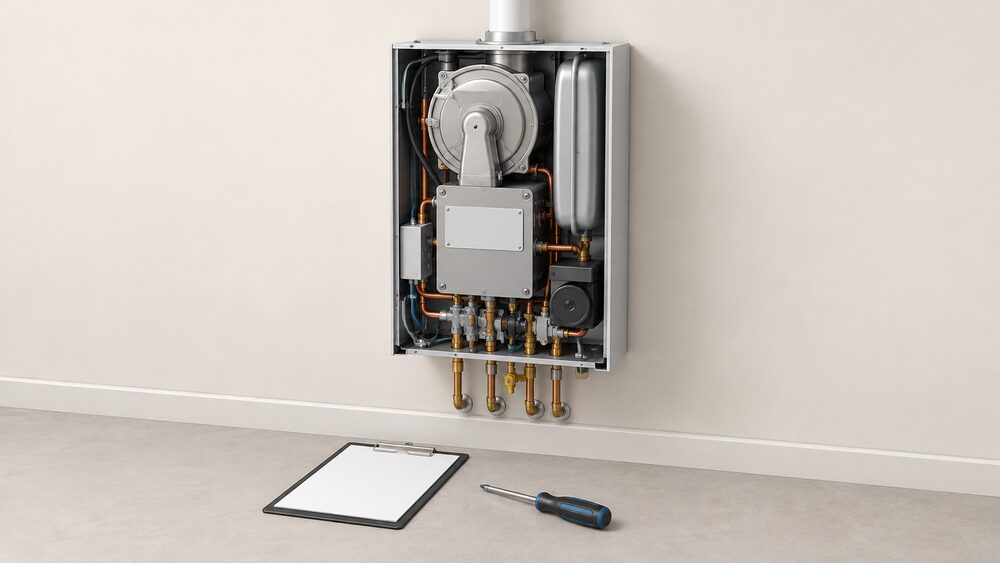 A close-up of a wall-hung gas boiler with its front casing removed to reveal a blank data plate on the inner panel, a clipboard with blank paperwork and a screwdriver resting on the floor beneath it, nothing else in view.