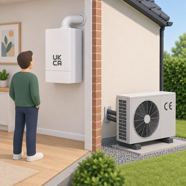 A wall-hung gas boiler inside a home with a UKCA conformity mark on its front casing, shown beside an outdoor heat pump unit with a CE mark on its casing, illustrating the two-track GB market where either mark may lawfully appear on heating products.