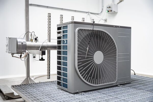 An air source heat pump unit on a metal grid platform in a testing laboratory, connected to ducting and sensors