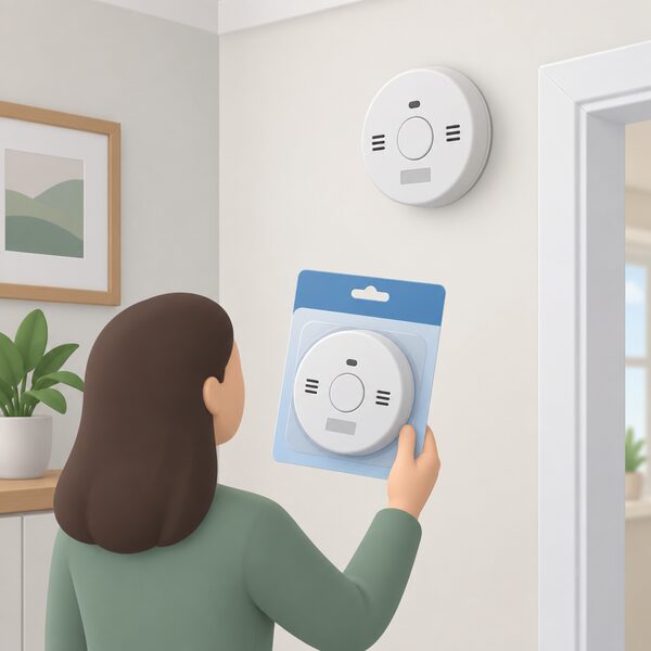 A close-up of a round carbon monoxide alarm mounted high on a plain interior wall of a home, shown as a physical product with a small blank approval-mark block on its casing, with a simplified isometric shopper's hand holding it in its packaging beside it to suggest the pre-purchase check.