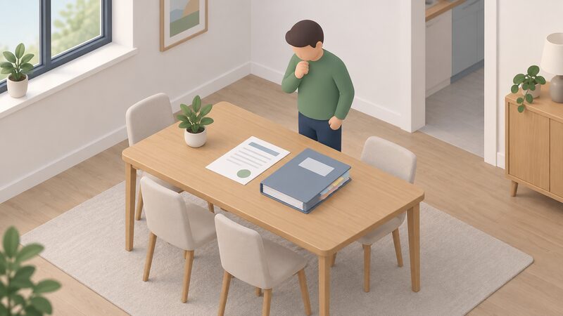 A domestic dining table with an MCS certificate sheet and a handover pack of bound documents laid out flat, a simplified isometric householder figure standing beside the table looking over the papers, in a plain home interior.