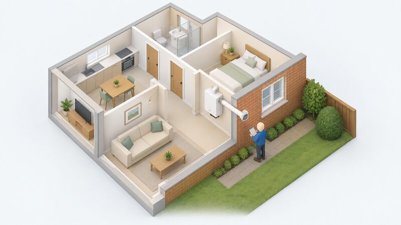 An isometric cutaway of a ground floor flat showing a boiler on an internal wall with a proposed flue route through the external wall to a terminal outside, a simplified figure checking the wall position.