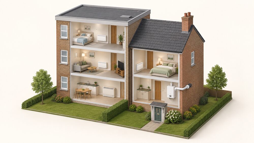 A cutaway view of a small block containing a flat and a semi-detached house side by side: the flat's rooms have electric panel and storage heaters on interior walls with no flue, while the house has a gas boiler indoors with its balanced flue passing through an external wall to the open air.