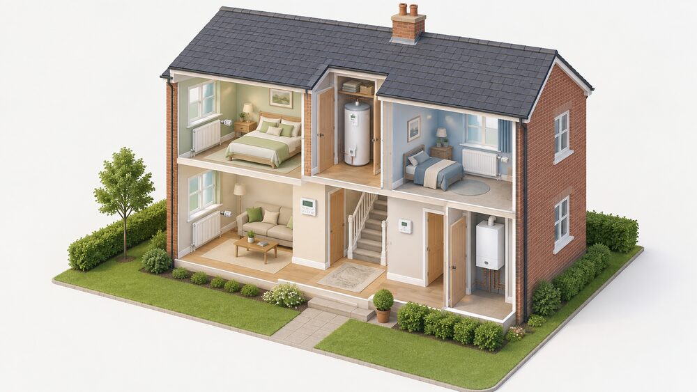 A cutaway semi-detached house showing a programmer on a living room wall, a room thermostat in the hallway away from the front door, TRVs fitted to radiators in the bedrooms and living room, and a cylinder thermostat on the hot water cylinder in the airing cupboard, with the boiler indoors.