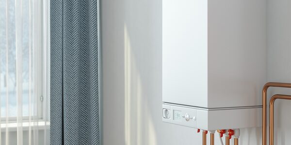 A white wall-mounted combi boiler with copper pipework next to a window with curtains
