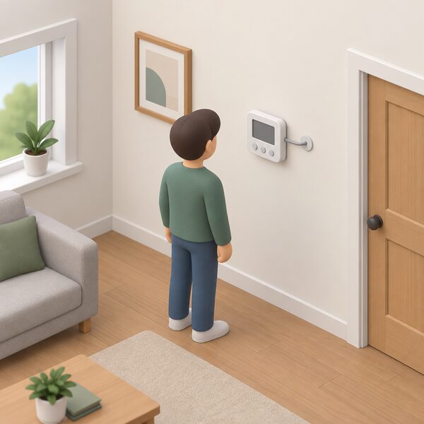 A small simplified isometric figure stands in a home room looking at a plain wired smart thermostat mounted at hand height on an interior wall, a simple rounded control unit with a blank screen and plain buttons, with a cable running from its back into the wall toward the heating circuit.