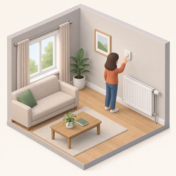 A cutaway view of a home room with a wall-mounted thermostat and a radiator fitted with a TRV, showing the controls that carry over between heating systems.