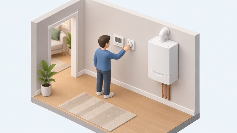 A wall-mounted programmer and a room thermostat mounted side by side on an interior wall, with a small isometric figure adjusting one of them, and a wall-hung boiler visible on the same wall nearby.