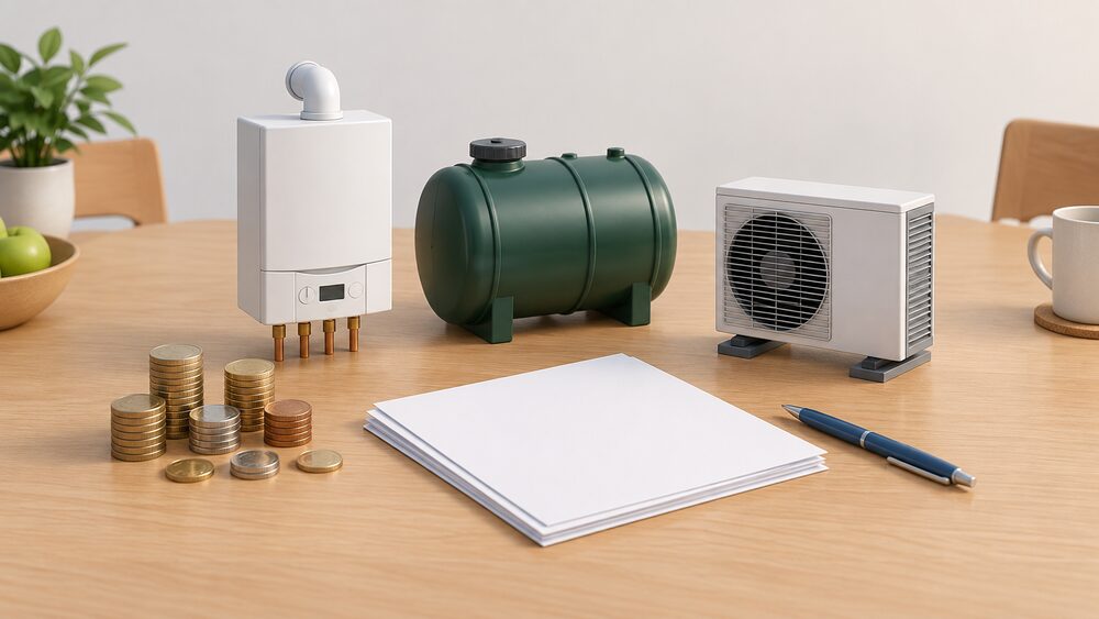 A small arrangement on a kitchen table of blank paperwork and a pile of coins beside three miniature models representing heating choices: a wall-hung gas boiler, an outdoor oil tank and an outdoor heat pump unit, with nothing written anywhere.