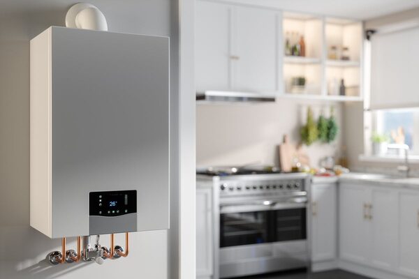 A white wall-mounted condensing gas boiler with copper pipework installed in a modern kitchen