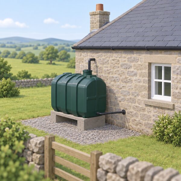 A plastic domestic oil tank on a stand beside the rear wall of a simple rural stone cottage, with a fill pipe on top and a supply line running into the house, set in open countryside.