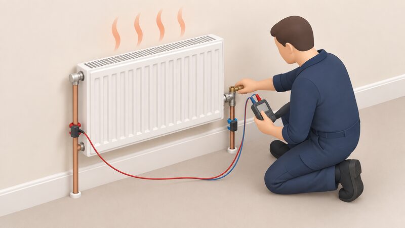 A heating engineer kneels beside a hot radiator in a room, one hand turning the lockshield valve at one end while holding a differential thermometer with two probes clipped to the flow and return pipes to measure the temperature drop across the emitter.