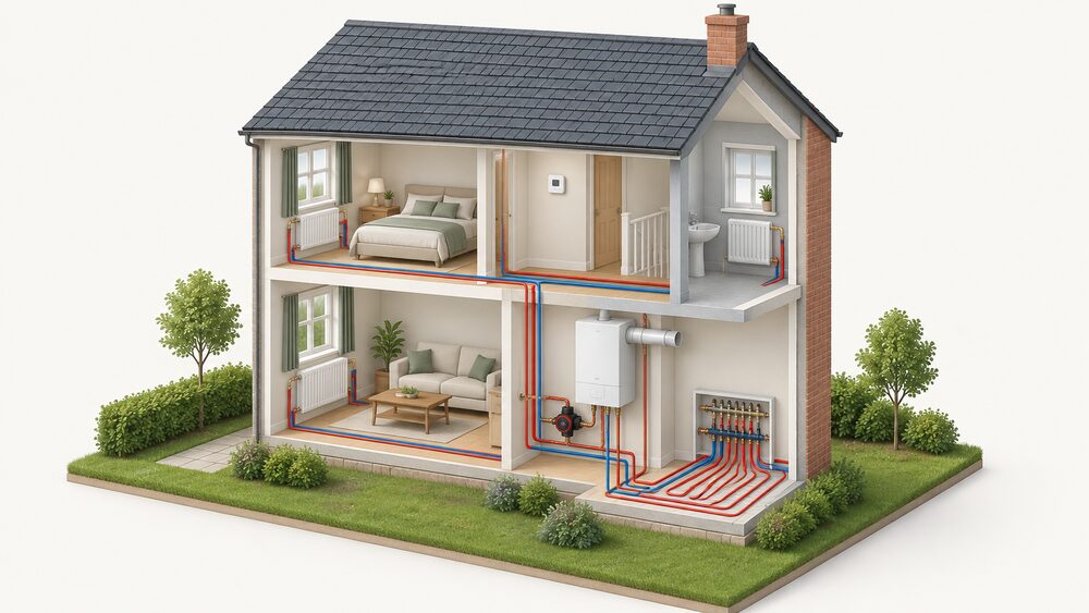 A cutaway house showing a wet central heating circuit: a boiler indoors with its flue through an external wall, a pump on the pipework, radiators with thermostatic radiator valves and lockshield valves in the rooms, a room thermostat on a wall, and an underfloor heating manifold with several loops.