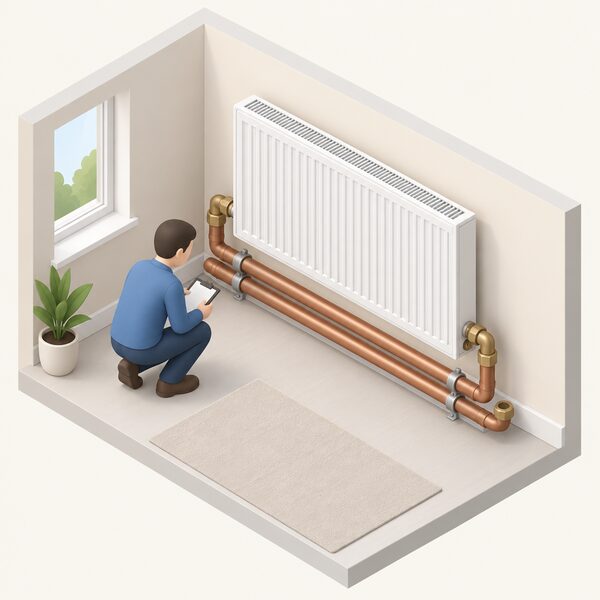 A large radiator on generously sized flow and return pipework in a room, with wide-bore connections and a simplified isometric figure checking the pipe runs, showing an emitter circuit ready to accept a heat pump without replacement.