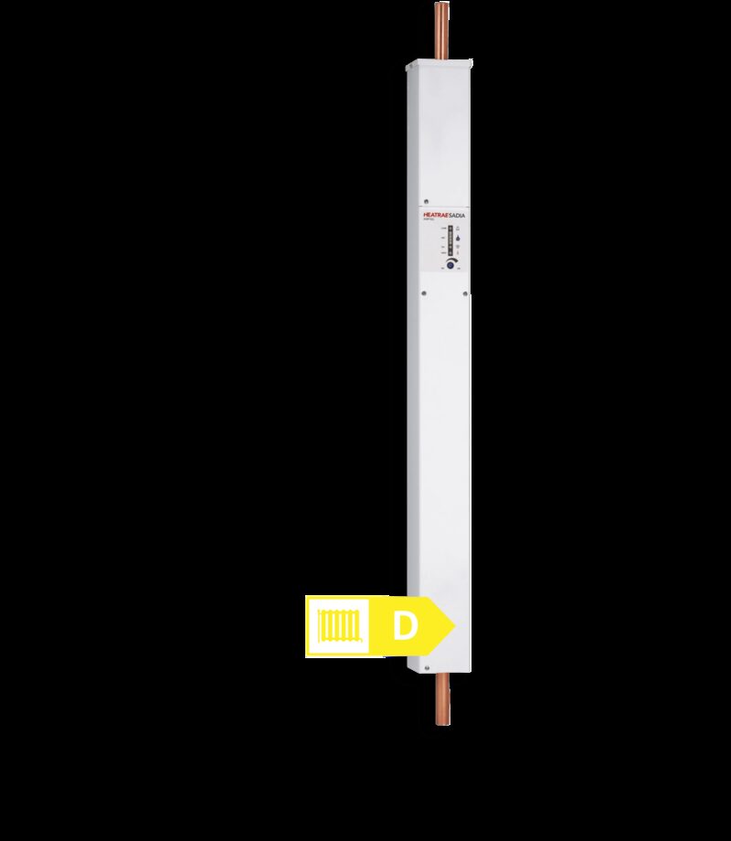 A Heatrae Sadia Amptec electric flow boiler, a tall white wall-mounted unit with copper pipe connections and a yellow ErP energy label rated D