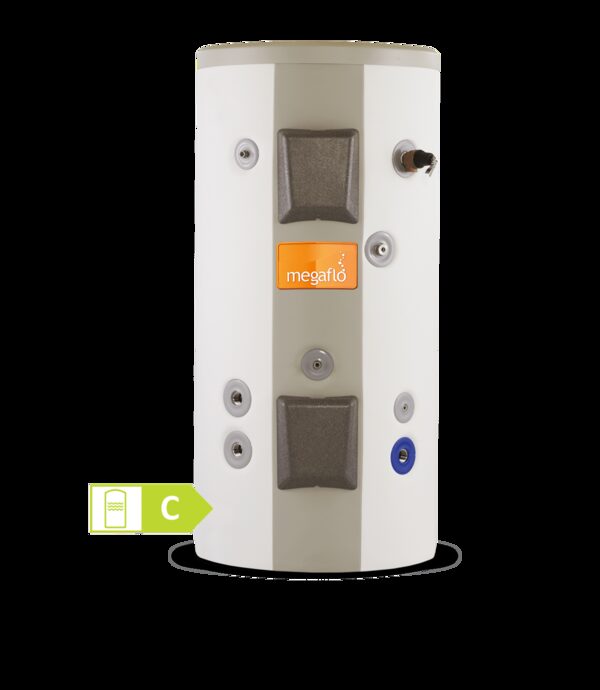 A Megaflo unvented hot water cylinder with an energy rating label