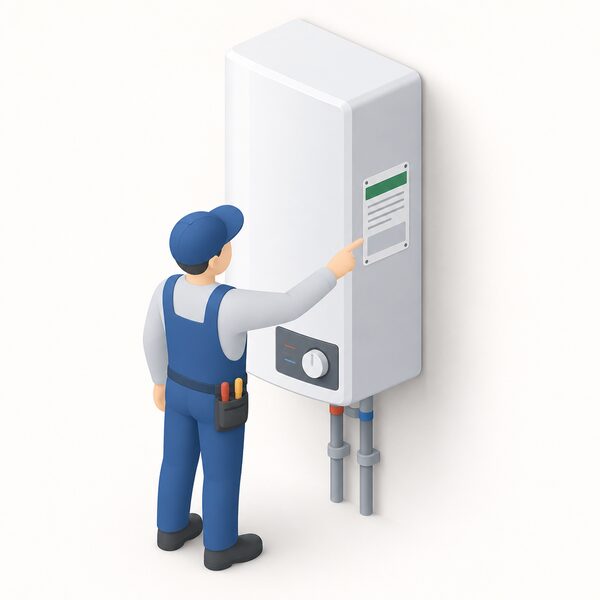 A close-up of a small rectangular certification label fixed to the casing of a wall-mounted electric flow boiler, drawn as a physical object with plain colour bands and blank lines instead of readable text, with a simplified isometric figure of an installer pointing at it.
