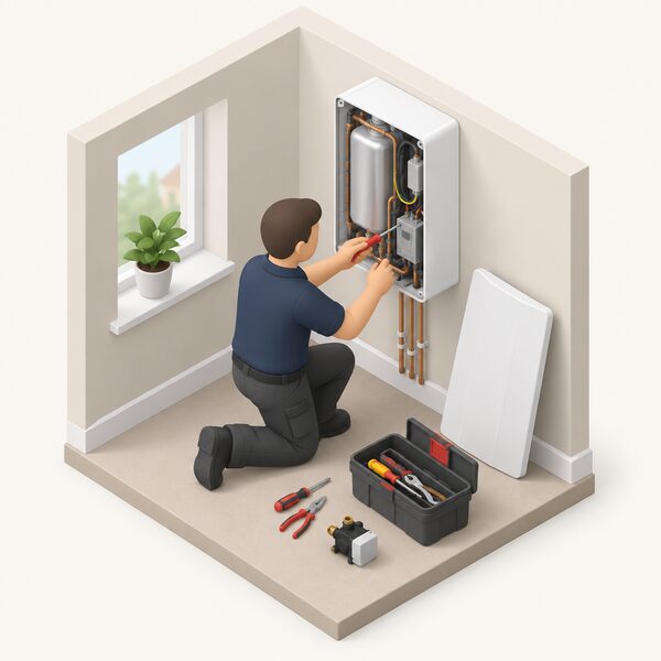 A qualified engineer in plain work clothing kneels beside a wall-mounted electric flow boiler in a UK home, front cover removed and tools laid out, servicing the unit with a small toolbox and a spare part nearby.