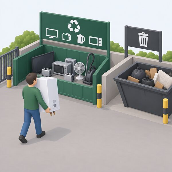 A person carrying a boiler-sized electric flow boiler unit into a local authority recycling centre, placing it among other electrical appliances at a designated WEEE collection point rather than a general waste skip.