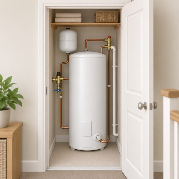 A tall white unvented hot water cylinder standing in a home airing cupboard, with an expansion vessel, pressure relief pipework and inlet controls mounted on its pipework, shown plainly without any brand markings.