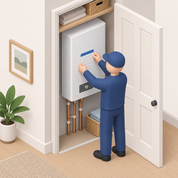 A small isometric figure of a technician pressing a blank certification label onto the casing of an electric boiler in a home airing cupboard, the label shown as a plain colour band with blank lines so no words or numbers are readable.