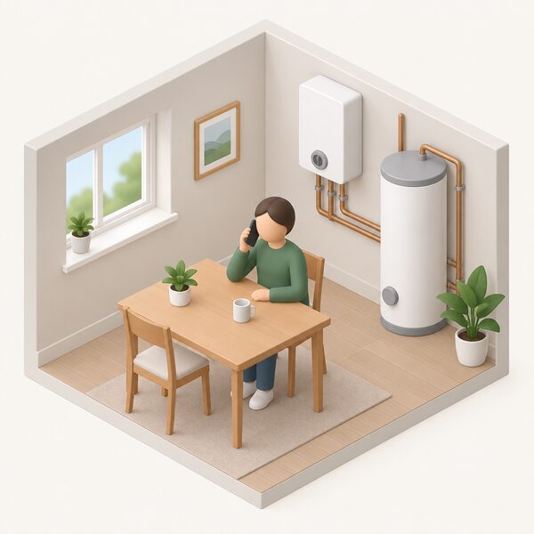 A simplified isometric figure sits at a home table holding a mobile phone to their ear, making a call, with a wall-mounted electric boiler and a hot water cylinder visible in the same room to show the call is about the heating equipment at home.