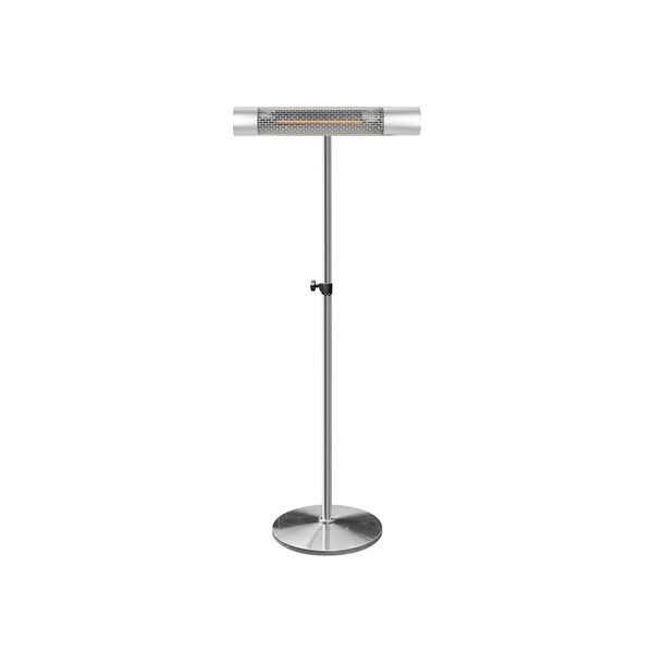 A silver Herschel California freestanding electric patio infrared heater on a tall stand with round base