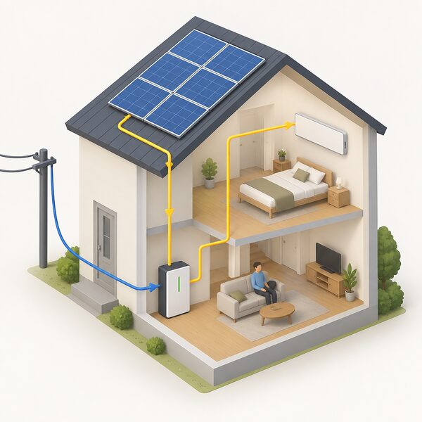 A cutaway house view showing solar panels on the roof, a slim infrared panel heater mounted high on an indoor wall, and a battery storage unit linked to both, with a grid connection cable still entering the home.