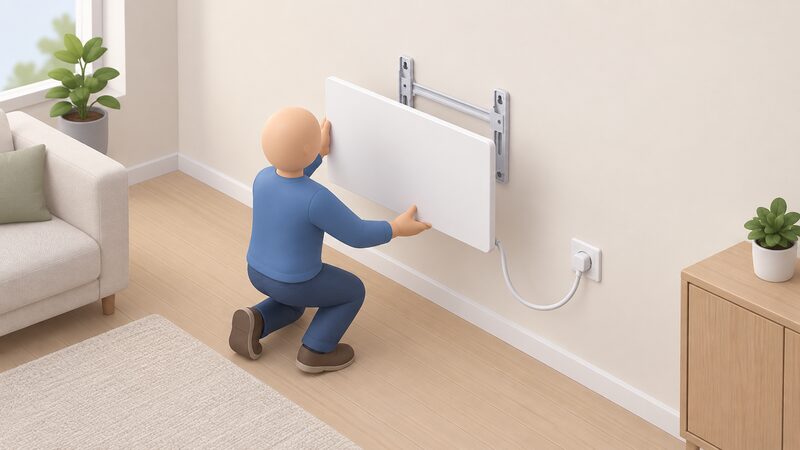 A simplified isometric DIY-er fixing a flat white infrared panel heater onto a wall-mounted EASYFIX bracket, with the panel's lead running to a nearby mains socket on the same wall.