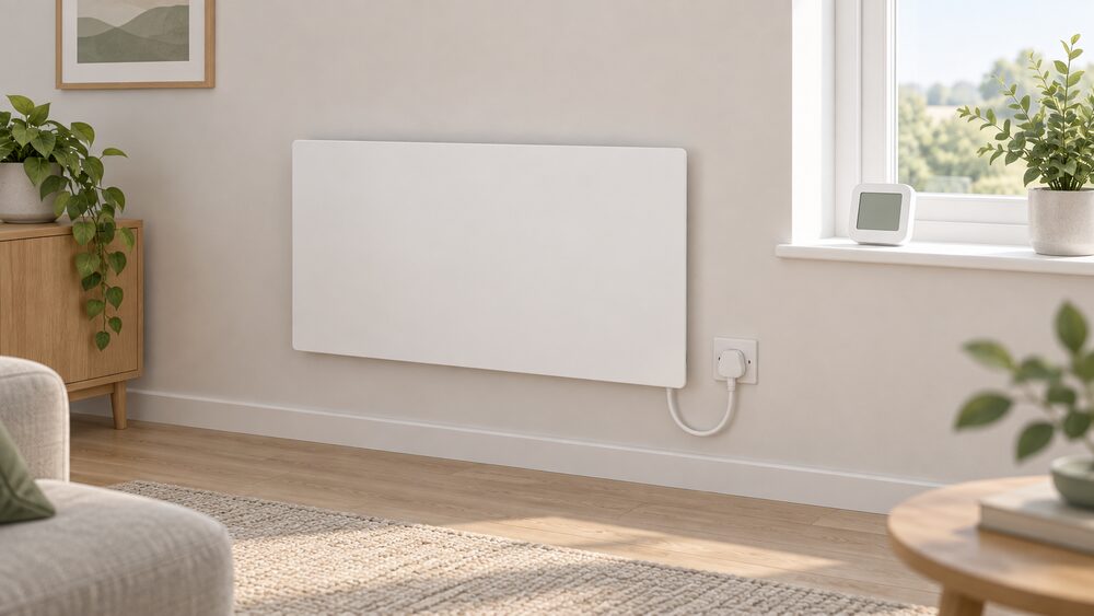 A slim, frameless white steel infrared panel heater mounted flat on an interior wall, its lead running down to a nearby mains socket, with a small separate wireless thermostat resting on the windowsill beside it.