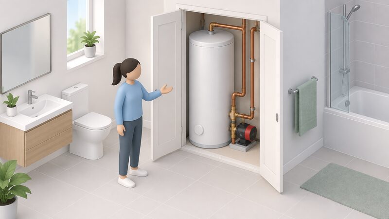 A bathroom airing cupboard with its doors open, showing a hot water cylinder standing inside alongside a small pump connected to it by pipework, with a simplified isometric figure beside the cupboard gesturing toward the installation.