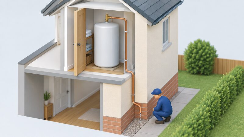 An unvented hot water cylinder in an airing cupboard with a temperature and pressure relief valve on top, its discharge pipe running down and through the external wall to terminate safely outside at a visible open outlet, with a small installer figure checking the run.