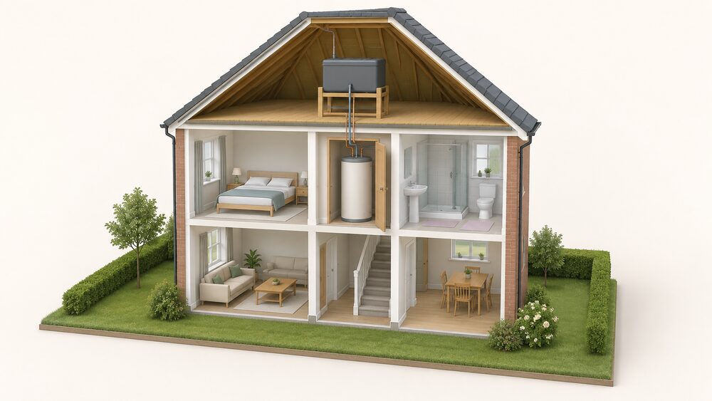 A cutaway two-storey house showing a cold water storage tank in the loft above, connected by downward pipework to a tall insulated vented hot water cylinder in an airing cupboard on the floor below, with the loft space otherwise empty.