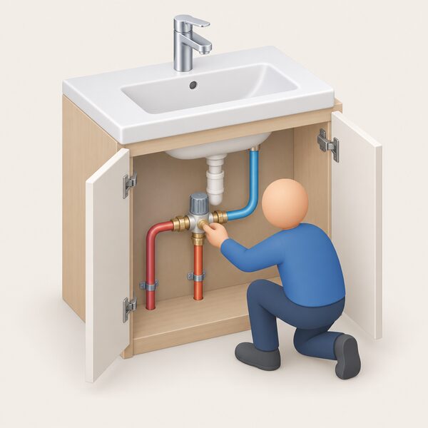 An under-sink cupboard showing a thermostatic mixing valve fitted on the hot water supply pipe just before the tap connection, with hot supply pipework from the cylinder entering one side and blended warm pipework leaving toward the tap, a simplified figure reaching in to adjust the valve.