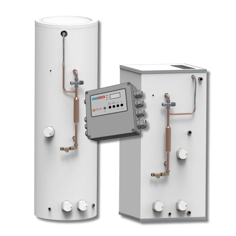 Two white thermal store hot water cylinders with copper pipework and a grey control unit, shown as a product render