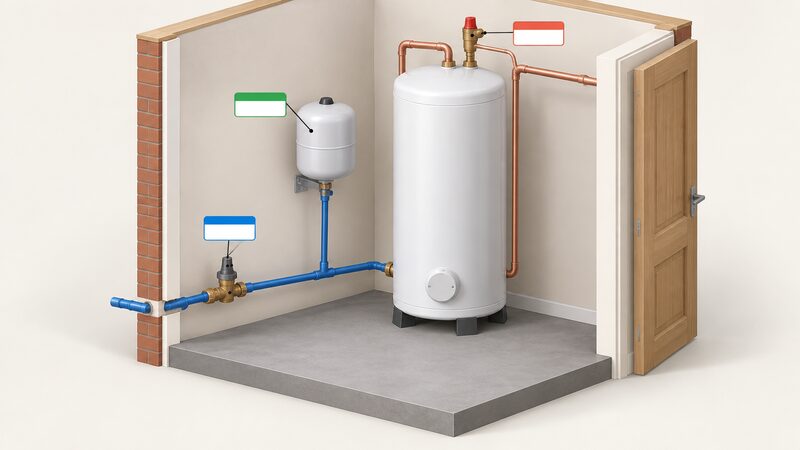 A cutaway-style view of an unvented hot water cylinder fed directly from the incoming mains, with its pressure reducing valve on the cold inlet, an expansion vessel connected by a branch pipe, and a relief valve on the cylinder, each shown as a plain blank label tag attached to the component.