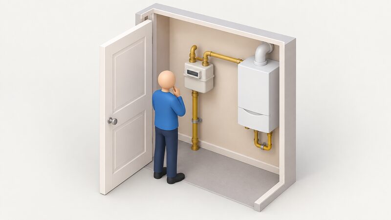 An isometric view of a domestic utility cupboard showing the existing gas supply pipe rising to a wall-mounted gas meter, with the outlet pipe continuing toward a modern gas boiler, a simplified figure standing beside it inspecting the unchanged installation.