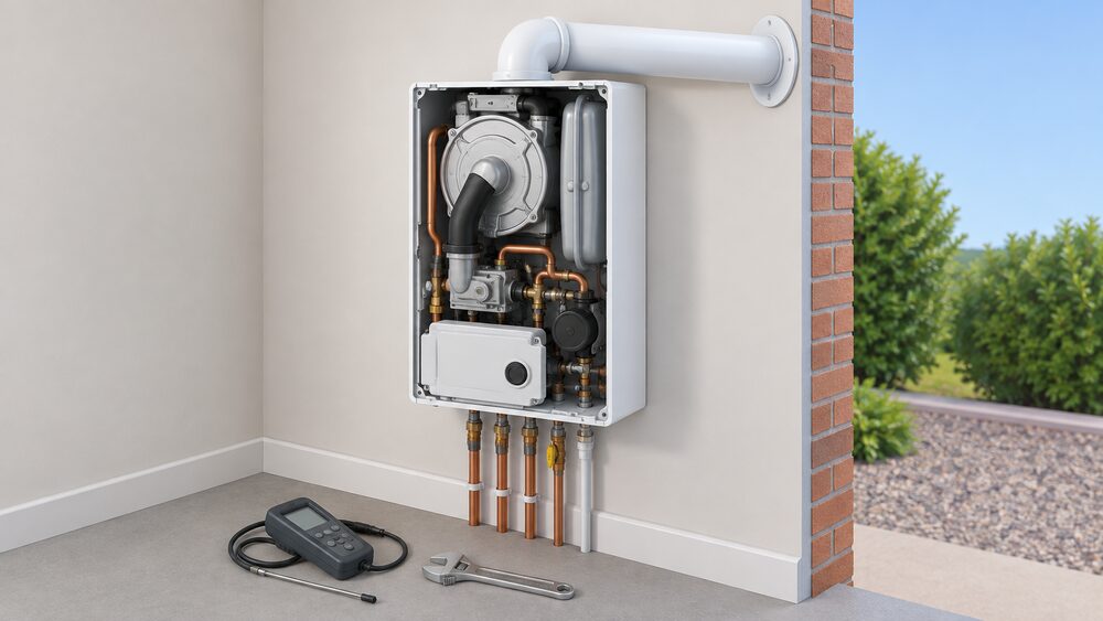 A close-up of a conventional wall-mounted gas boiler with its front casing removed, an engineer's spanner and gas analyser resting on the floor below, and the boiler's flue passing through the external wall behind it.