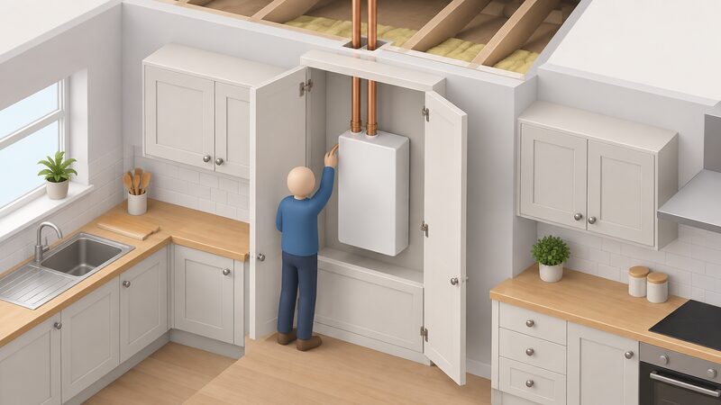 A cutaway kitchen cupboard containing a wall-mounted heat only boiler with copper flow and return pipes rising from its top and disappearing up through the ceiling towards the loft, with a small isometric figure checking the pipework.