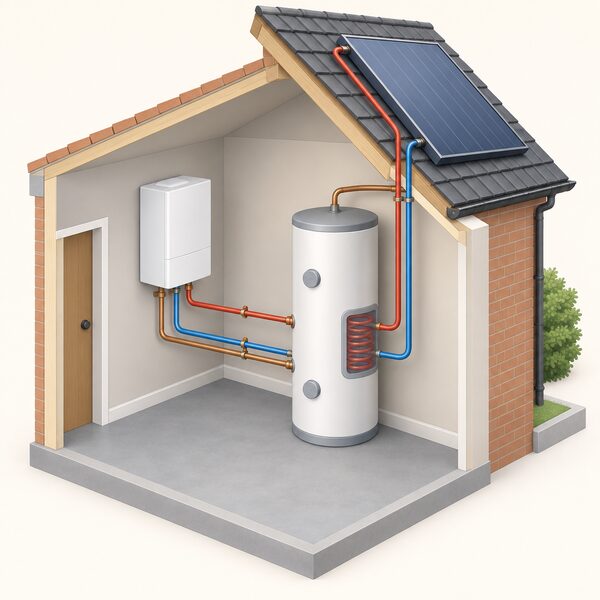 A cutaway utility room scene showing a wall-mounted heat only gas boiler connected by pipework to a standing hot water cylinder, with a solar thermal coil and roof panel feeding the same cylinder so both heat sources serve one store.
