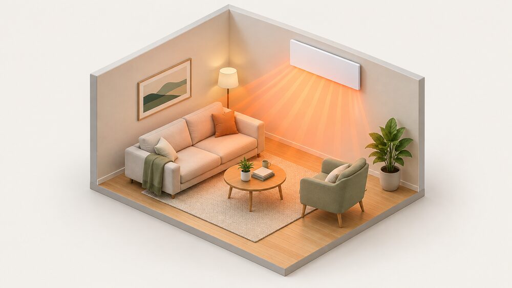 A flat white far infrared heating panel mounted high on a living room wall, radiating warmth towards a sofa, armchair and small table placed within a couple of metres of it, with the plain wall and floor surfaces around it shown as the things the radiant heat reaches.