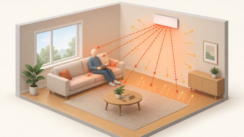 A cutaway room view showing a wall-mounted infrared panel high on the wall emitting rays that warm a seated occupant, a sofa and the floor, with the heated wall and floor surfaces re-radiating gentle heat back into the room.