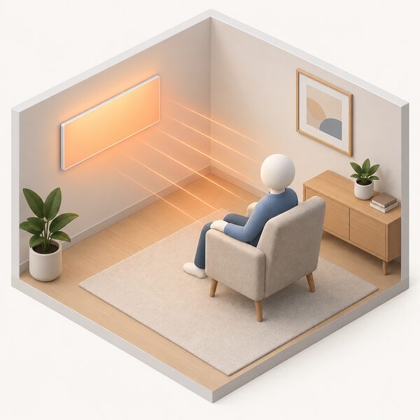 A slim flat infrared panel mounted high on a living room wall, switched on, radiating warmth toward a simplified seated figure in an armchair roughly two metres away within its direct line of sight, with faint radiating lines showing the warmth reaching the person.