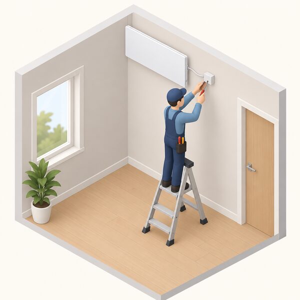 A simplified isometric electrician on a step ladder fixing a flat infrared heating panel high on an interior wall, its cable running into a fixed wiring connection point, with no pipework anywhere in the scene.